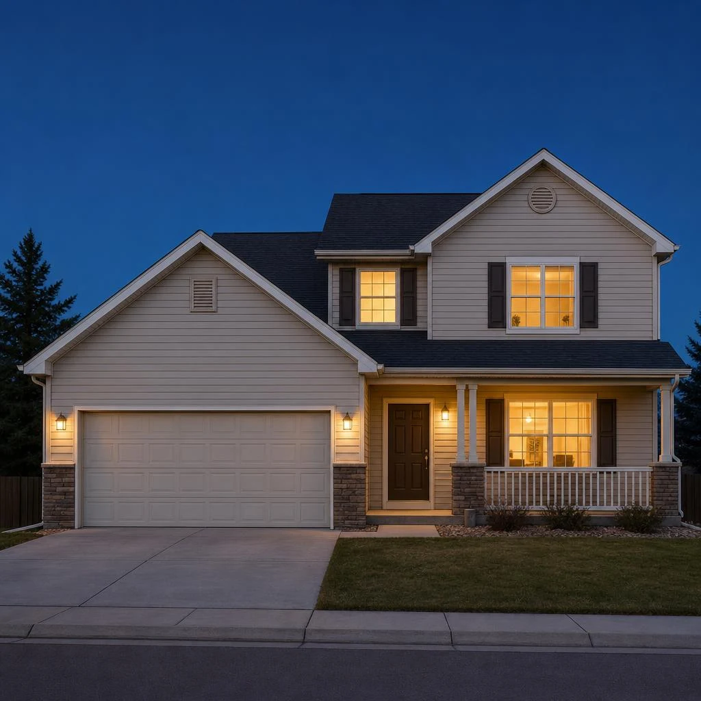 Illustrative Colorado Springs suburban home with holiday lights visualized along its roofline